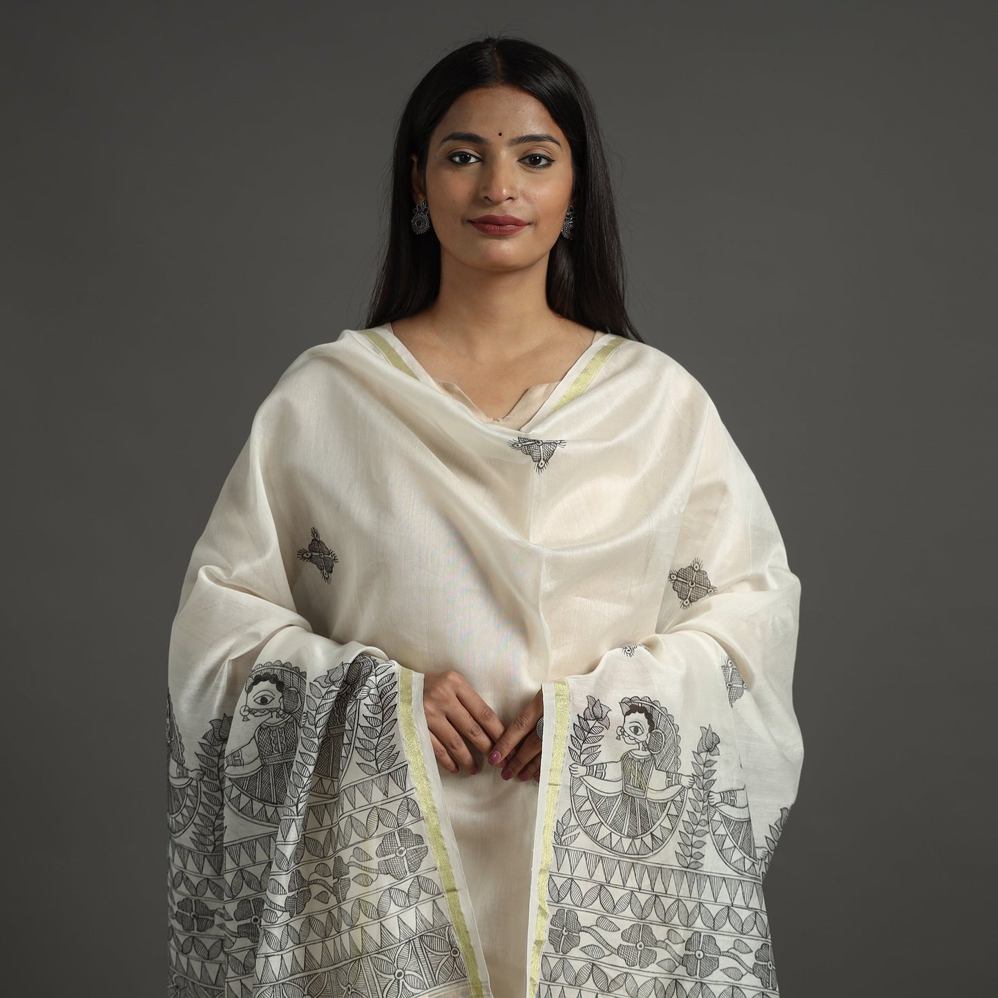 Handpainted Chanderi Silk Handloom Madhubani Dupatta