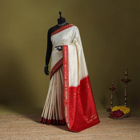 White - handspun handloom tussar silk zari pochampally ikat