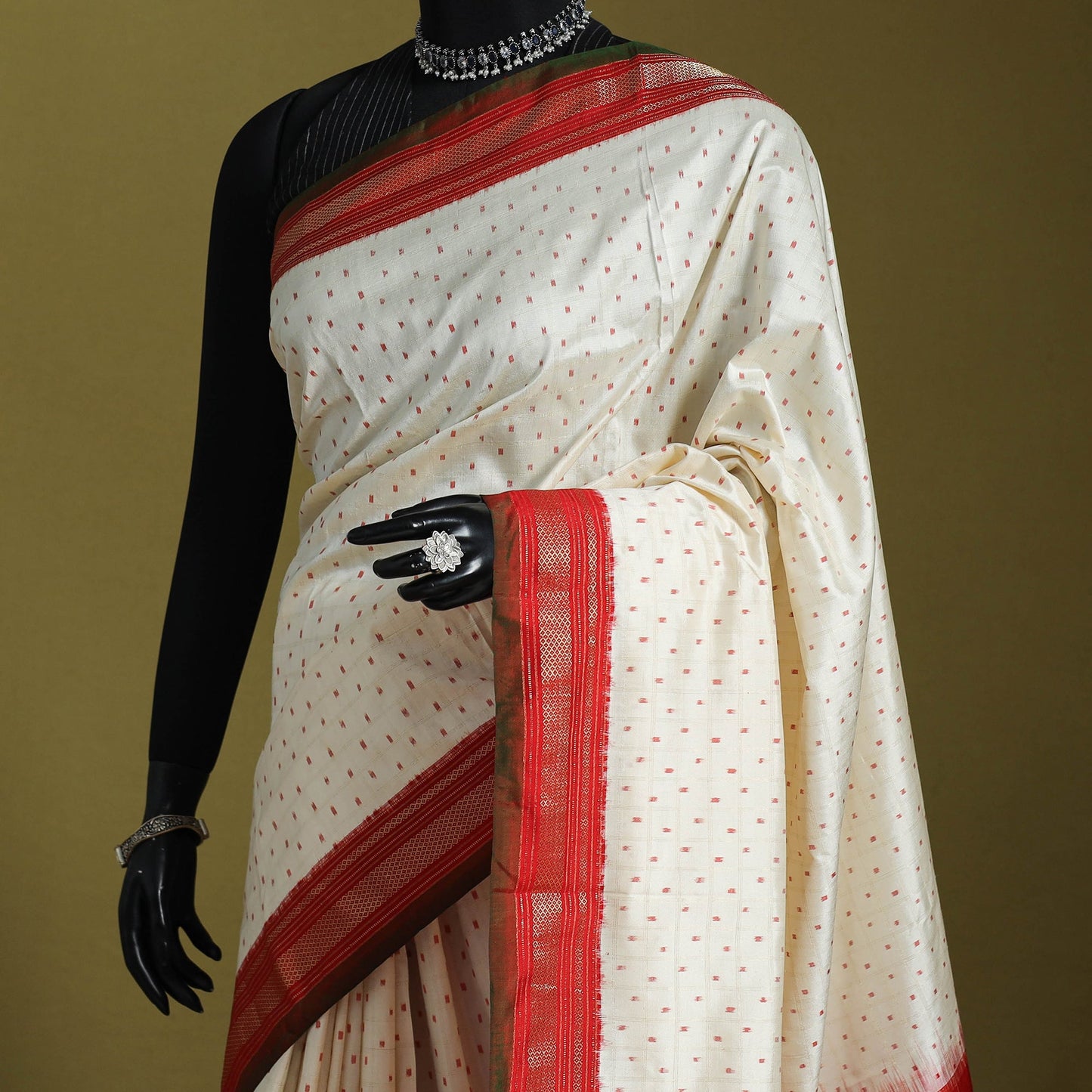 White - handspun handloom tussar silk zari pochampally ikat