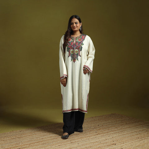 White - handwoven aari hand embroidered kashmiri merino