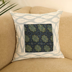  White Ikat Cotton with Ajrakh Modal Silk Cushion Cover
