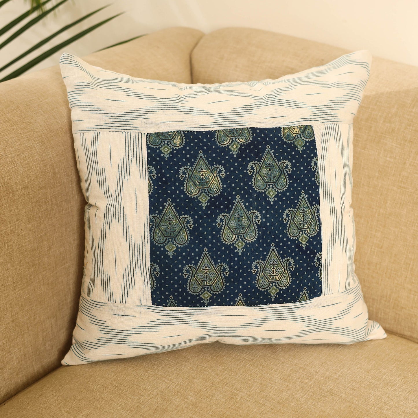 Buy White Ikat Cotton with Ajrakh Modal Silk Cushion Cover