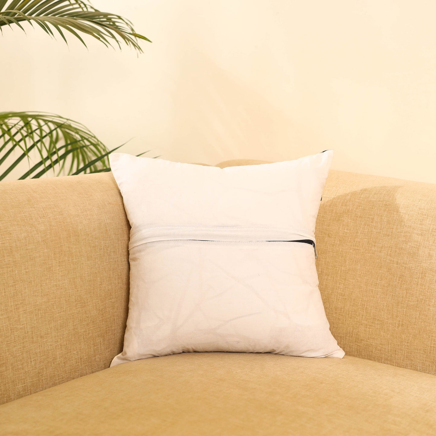 Off White Ikat Cotton with Ajrakh Modal Silk Cushion Cover