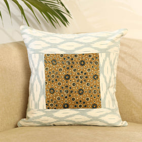Buy White Ikat Cotton with Ajrakh Modal Silk Cushion Cover