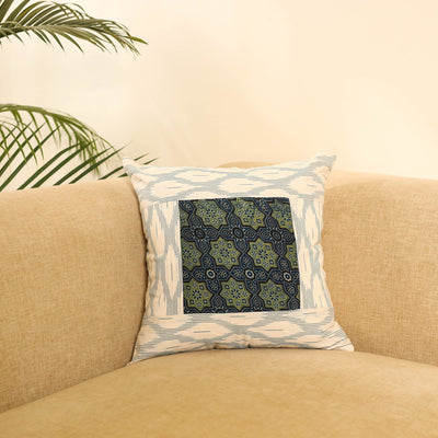  White Ikat Cotton with Ajrakh Modal Silk Cushion Cover