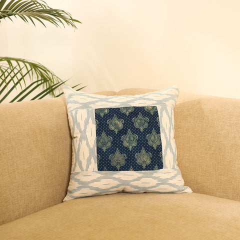 Buy White Ikat Cotton with Ajrakh Modal Silk Cushion Cover