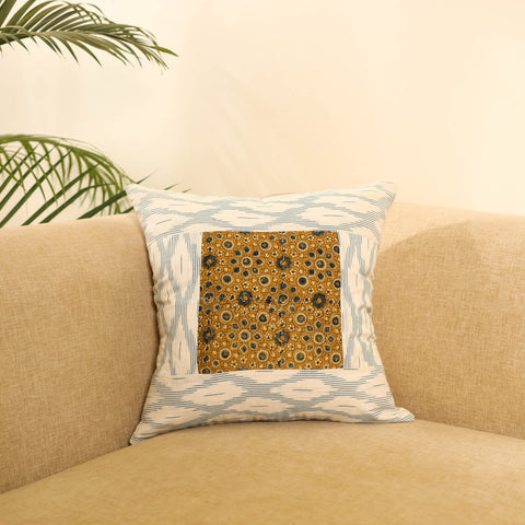 Buy White Ikat Cotton with Ajrakh Modal Silk Cushion Cover