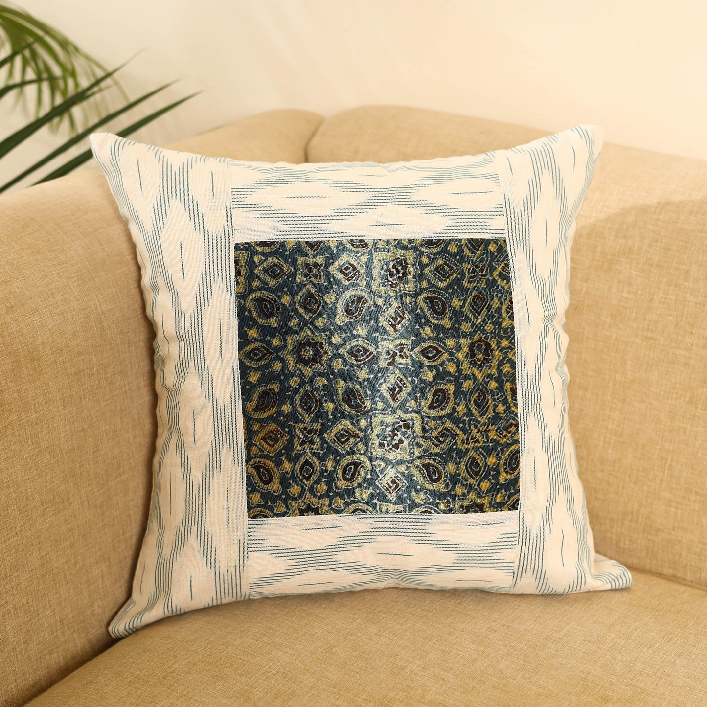 Buy White Ikat Cotton with Ajrakh Modal Silk Cushion Cover