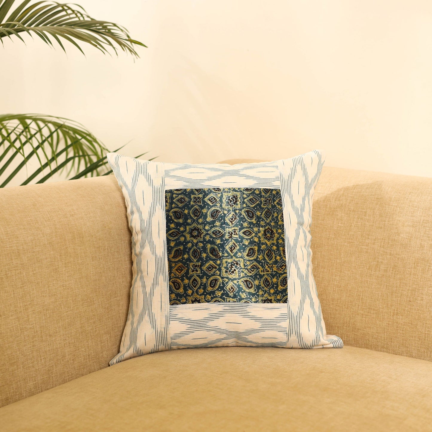 Buy White Ikat Cotton with Ajrakh Modal Silk Cushion Cover