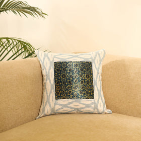 Buy White Ikat Cotton with Ajrakh Modal Silk Cushion Cover