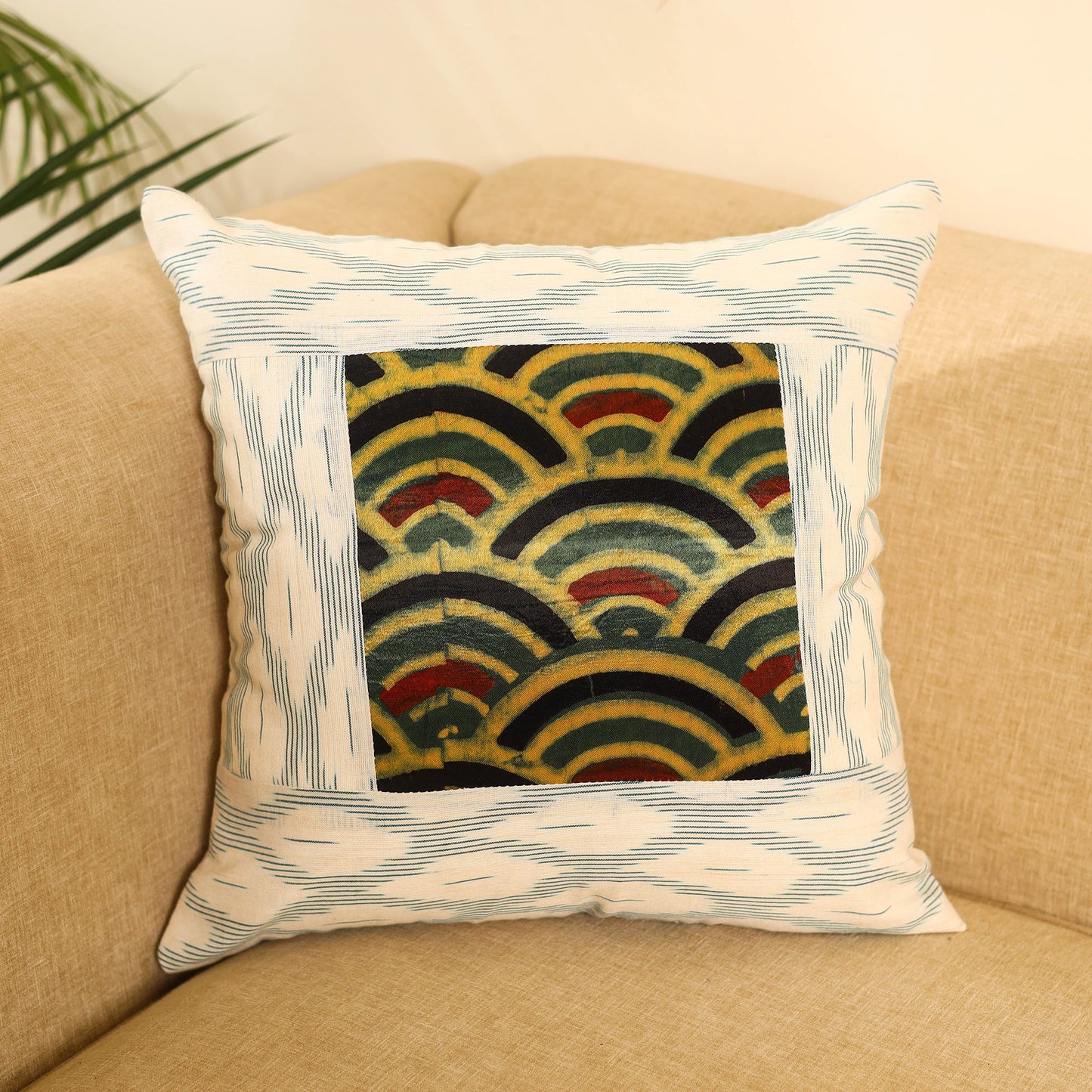 Buy White Ikat Cotton with Ajrakh Modal Silk Cushion Cover
