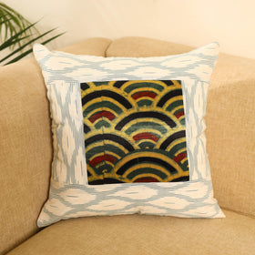 Buy White Ikat Cotton with Ajrakh Modal Silk Cushion Cover