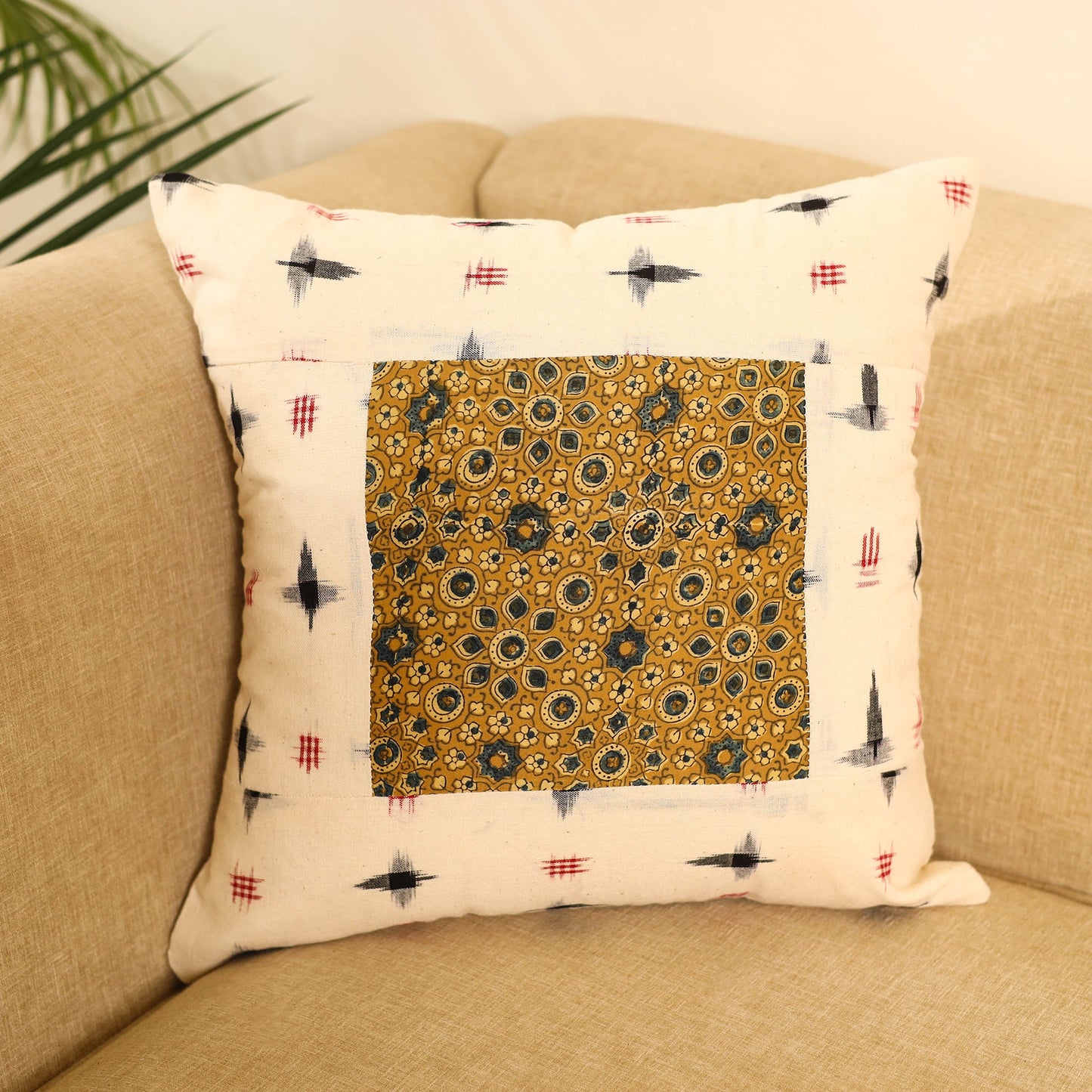 Off White Ikat Cotton with Ajrakh Modal Silk Cushion Cover