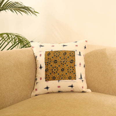 Off White Ikat Cotton with Ajrakh Modal Silk Cushion Cover