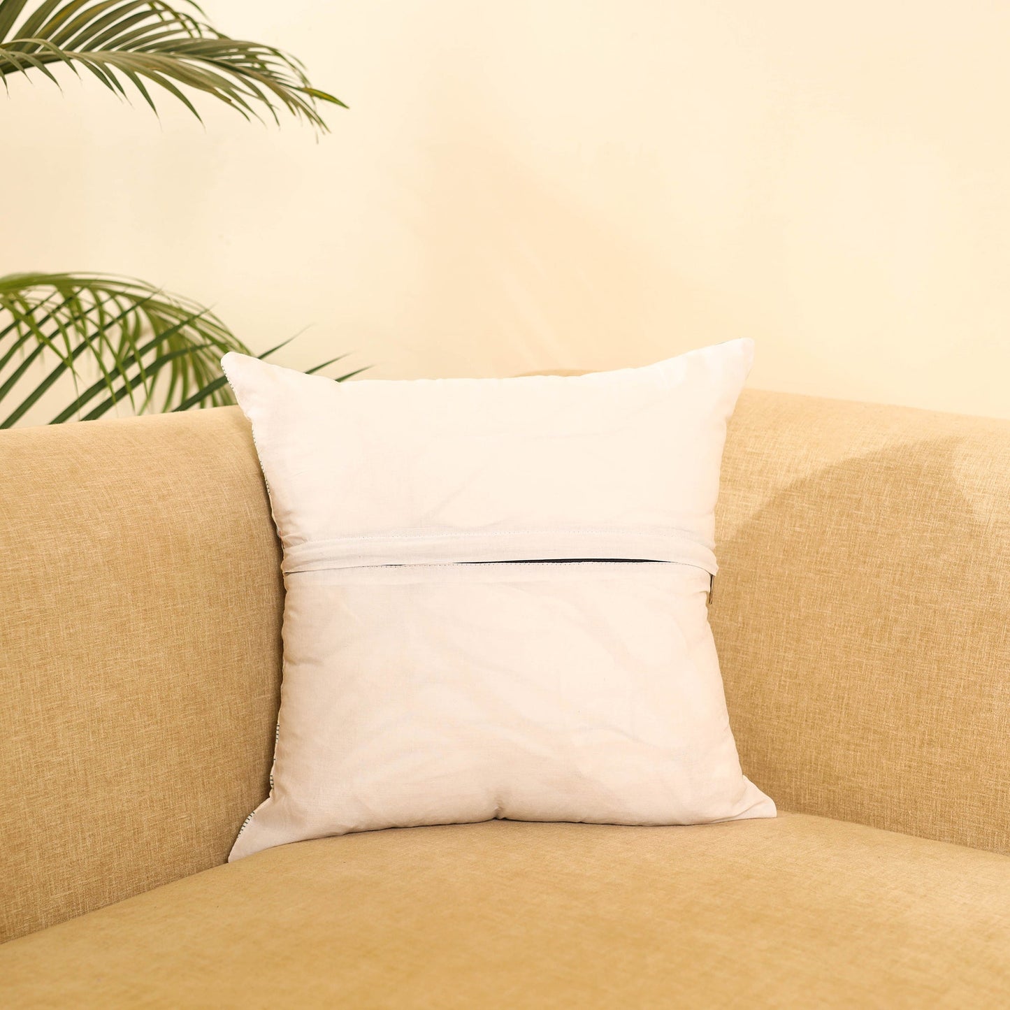 Buy White Ikat Cotton with Plain Modal Silk Cushion Cover