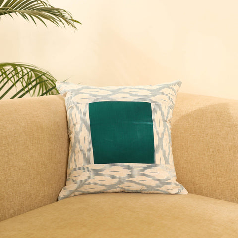 Buy White Ikat Cotton with Plain Modal Silk Cushion Cover