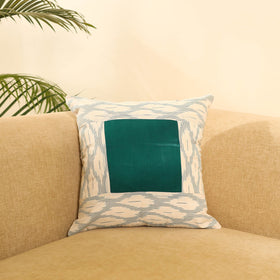 Buy White Ikat Cotton with Plain Modal Silk Cushion Cover