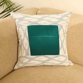 Buy White Ikat Cotton with Plain Modal Silk Cushion Cover