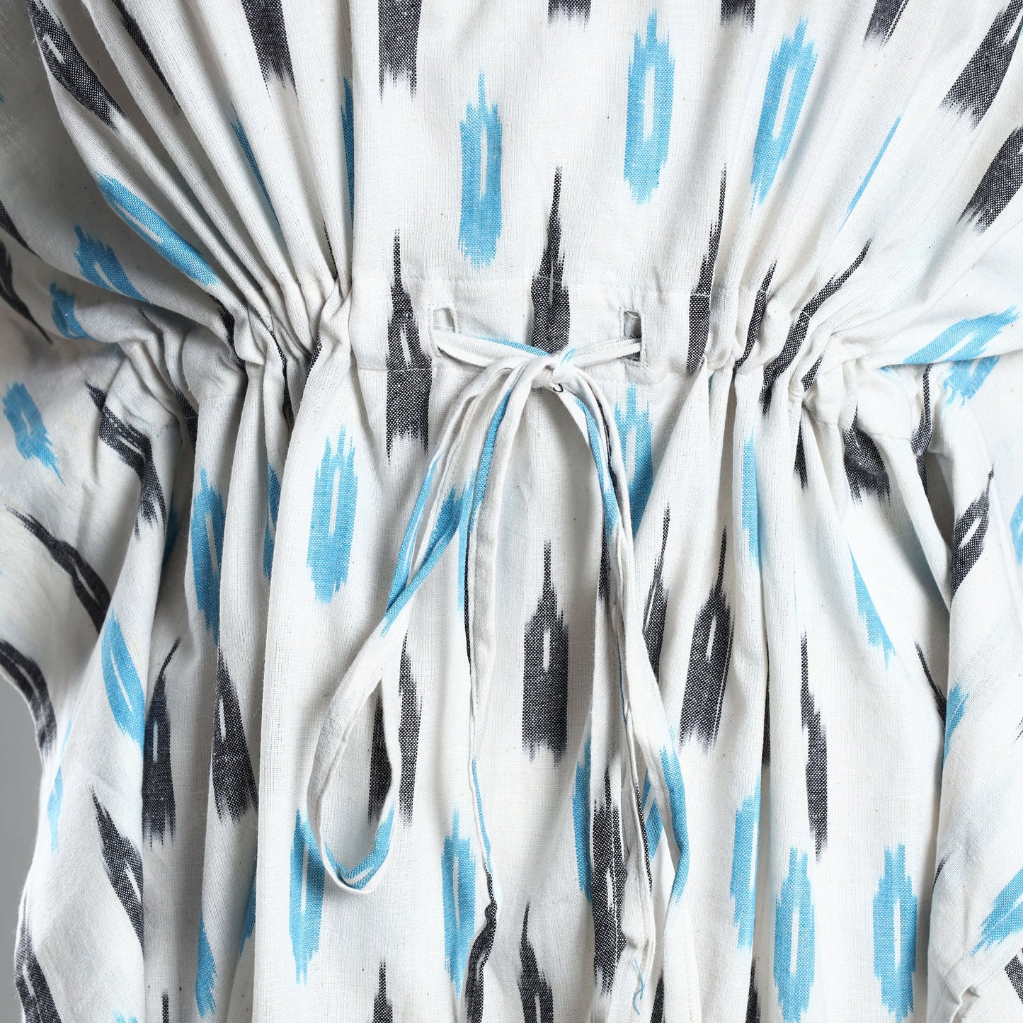 White - Ikat Weave Cotton Kaftan with Tie-Up Waist (Medium)