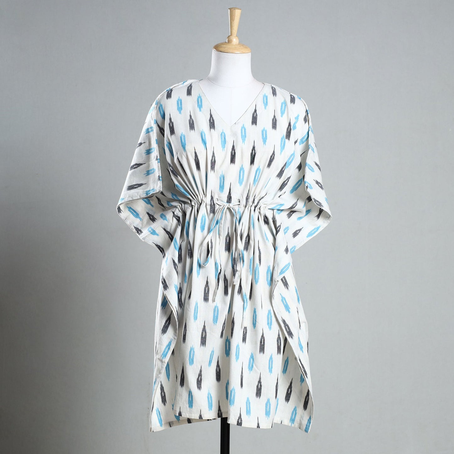 White - Ikat Weave Cotton Kaftan with Tie-Up Waist (Medium)
