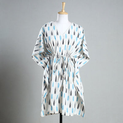 White - Ikat Weave Cotton Kaftan with Tie-Up Waist (Medium)