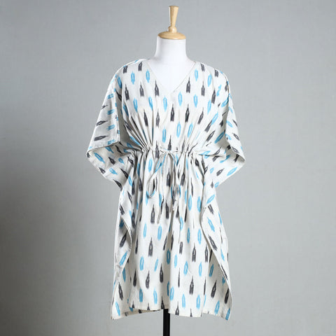White - Ikat Weave Cotton Kaftan with Tie-Up Waist (Medium)