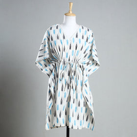 White - Ikat Weave Cotton Kaftan with Tie-Up Waist (Medium)