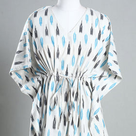 White - Ikat Weave Cotton Kaftan with Tie-Up Waist (Medium)