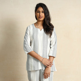 White jacquard cotton top & pyjama night suit set