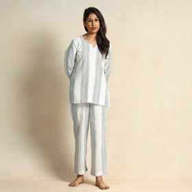 White jacquard cotton top & pyjama night suit set