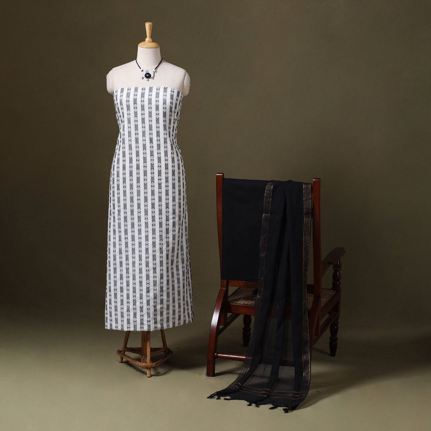 White Jacquard Cotton Dress Material with Jewellery Set