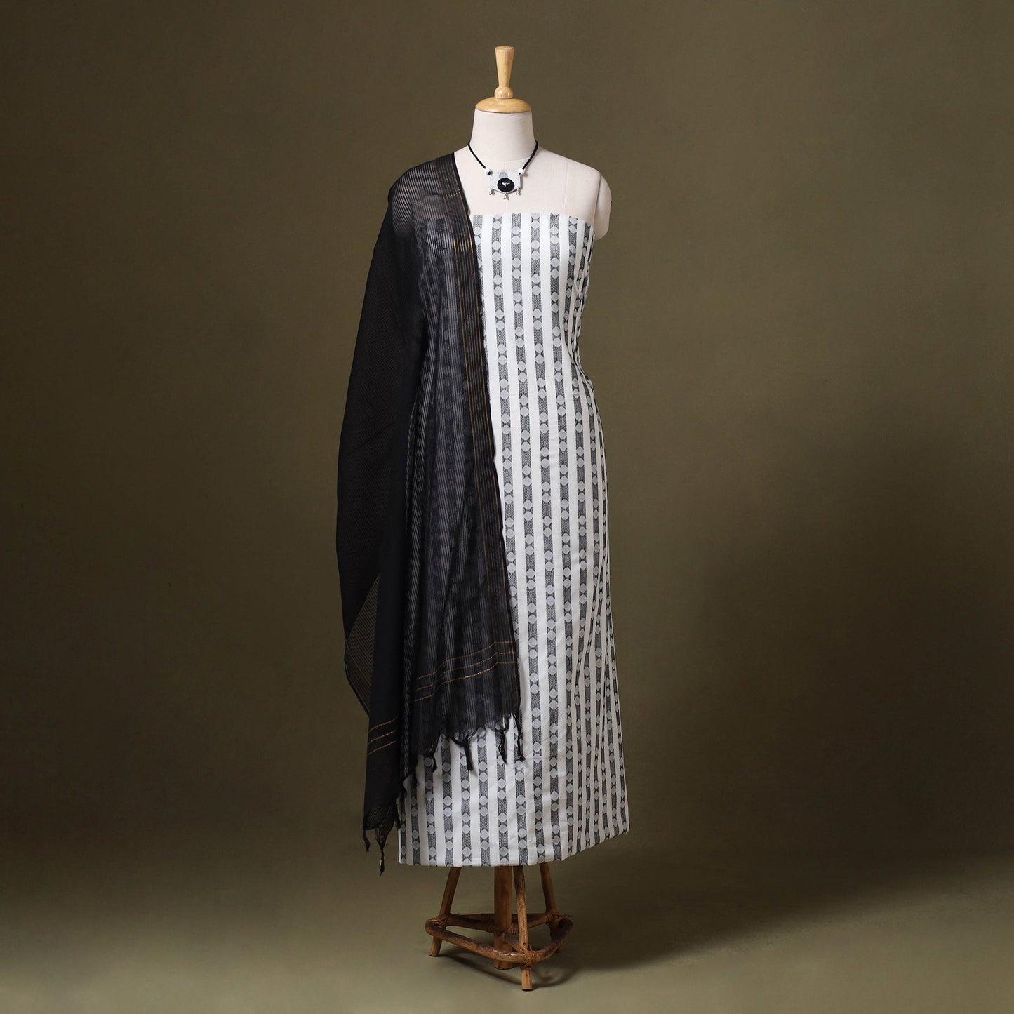 White Jacquard Cotton Dress Material with Jewellery Set