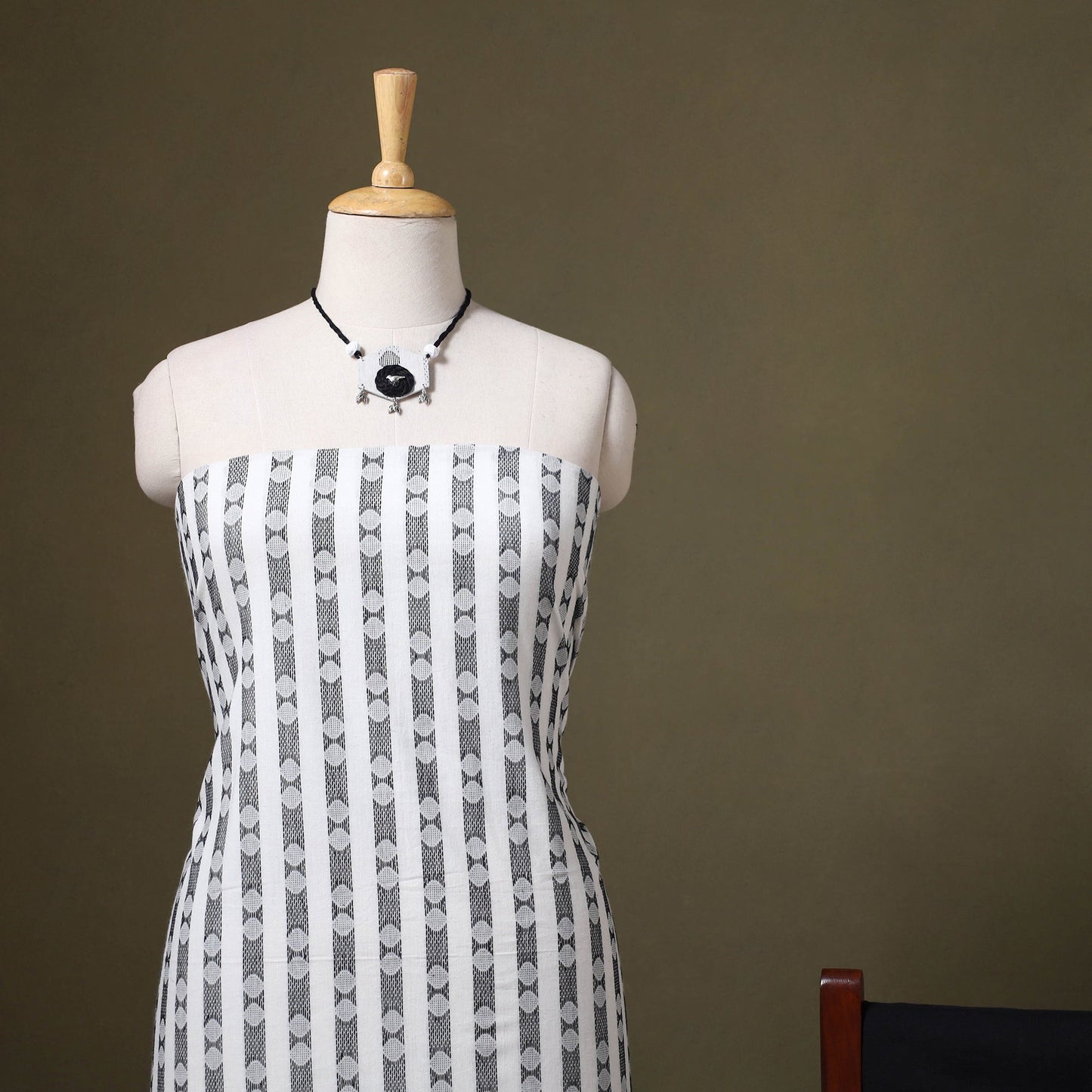 White Jacquard Cotton Dress Material with Jewellery Set