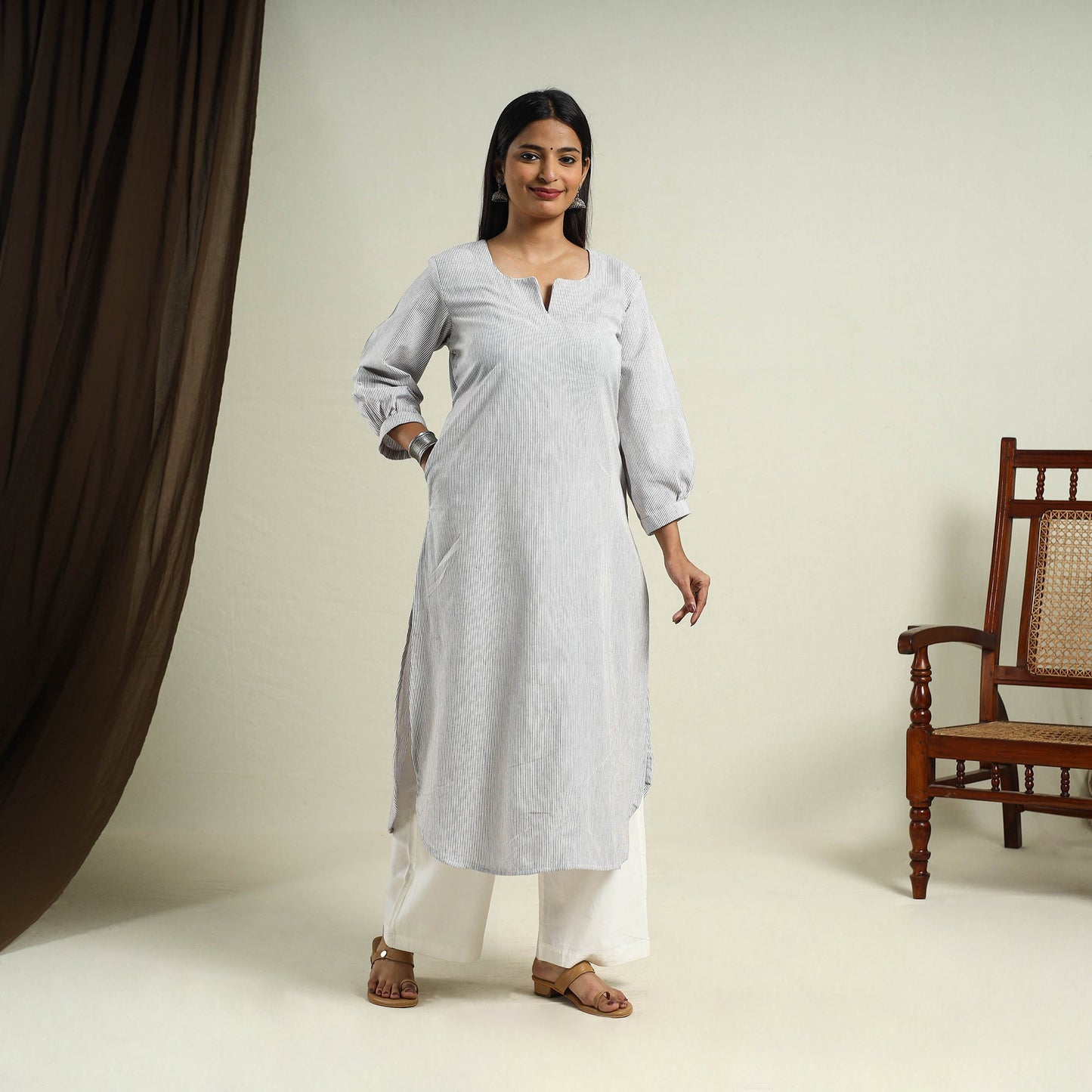  White Jhiri Handloom Straight Cotton Kurta for Women