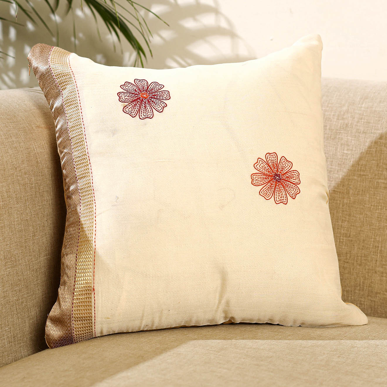 Buy Off White Kantha Work Chanderi Silk Cushion Cover