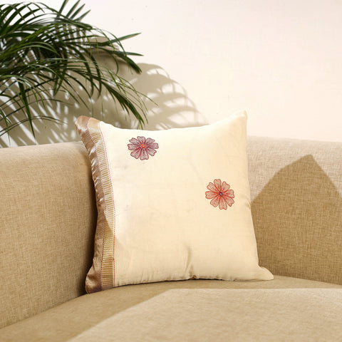 Buy Off White Kantha Work Chanderi Silk Cushion Cover