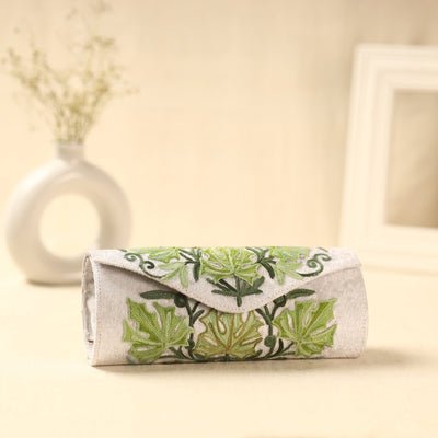  White Kashmiri Crewel Hand Embroidery Velvet Clutch
