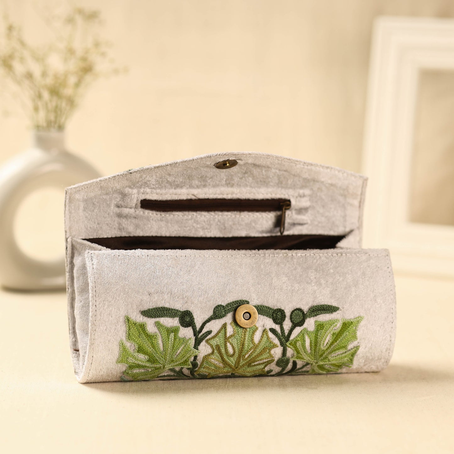  White Kashmiri Crewel Hand Embroidery Velvet Clutch
