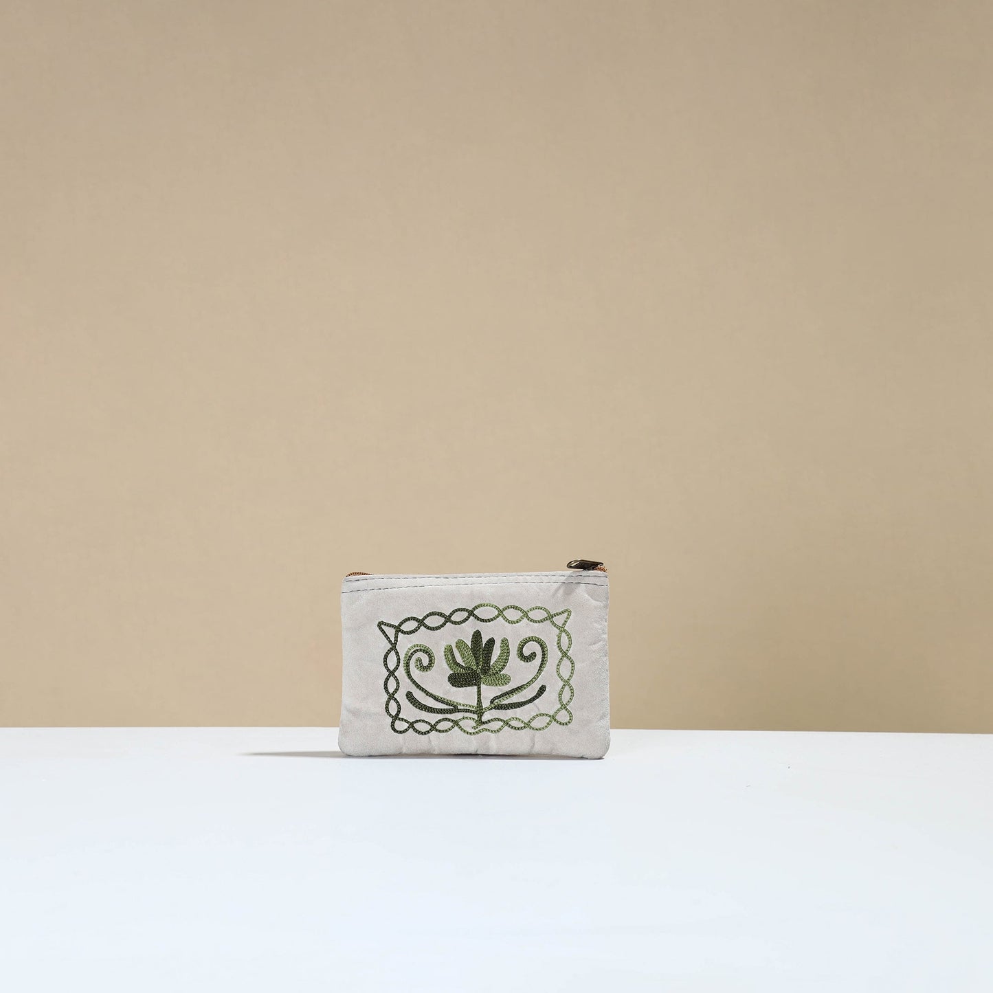 White Kashmiri Crewel Hand Embroidery Velvet Coin Purse