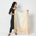 White - Kolaghat Kantha Zari Border Maheshwari Silk Dupatta with Tassels
