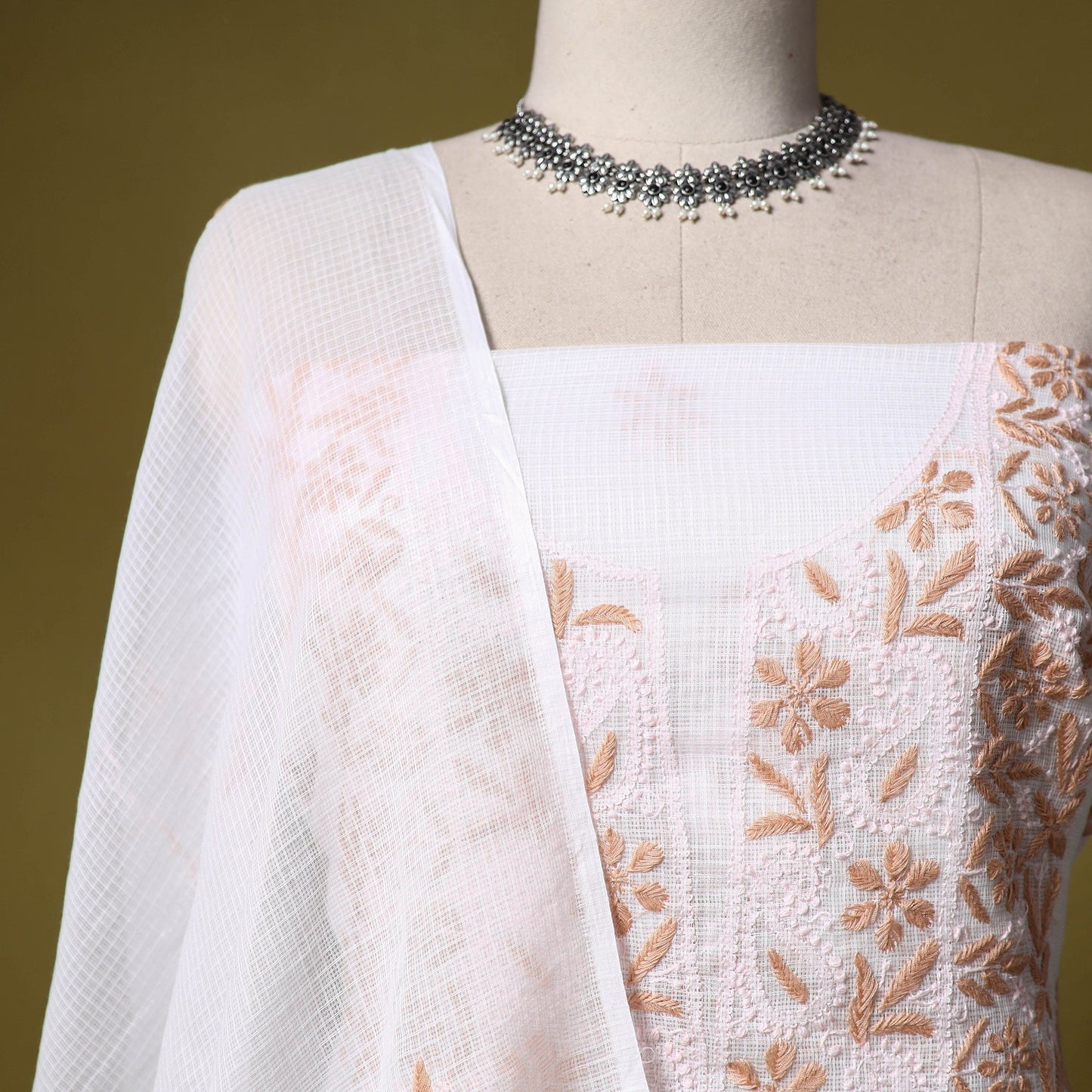 White - kota doria cotton lucknow chikankari 2pc unstitched