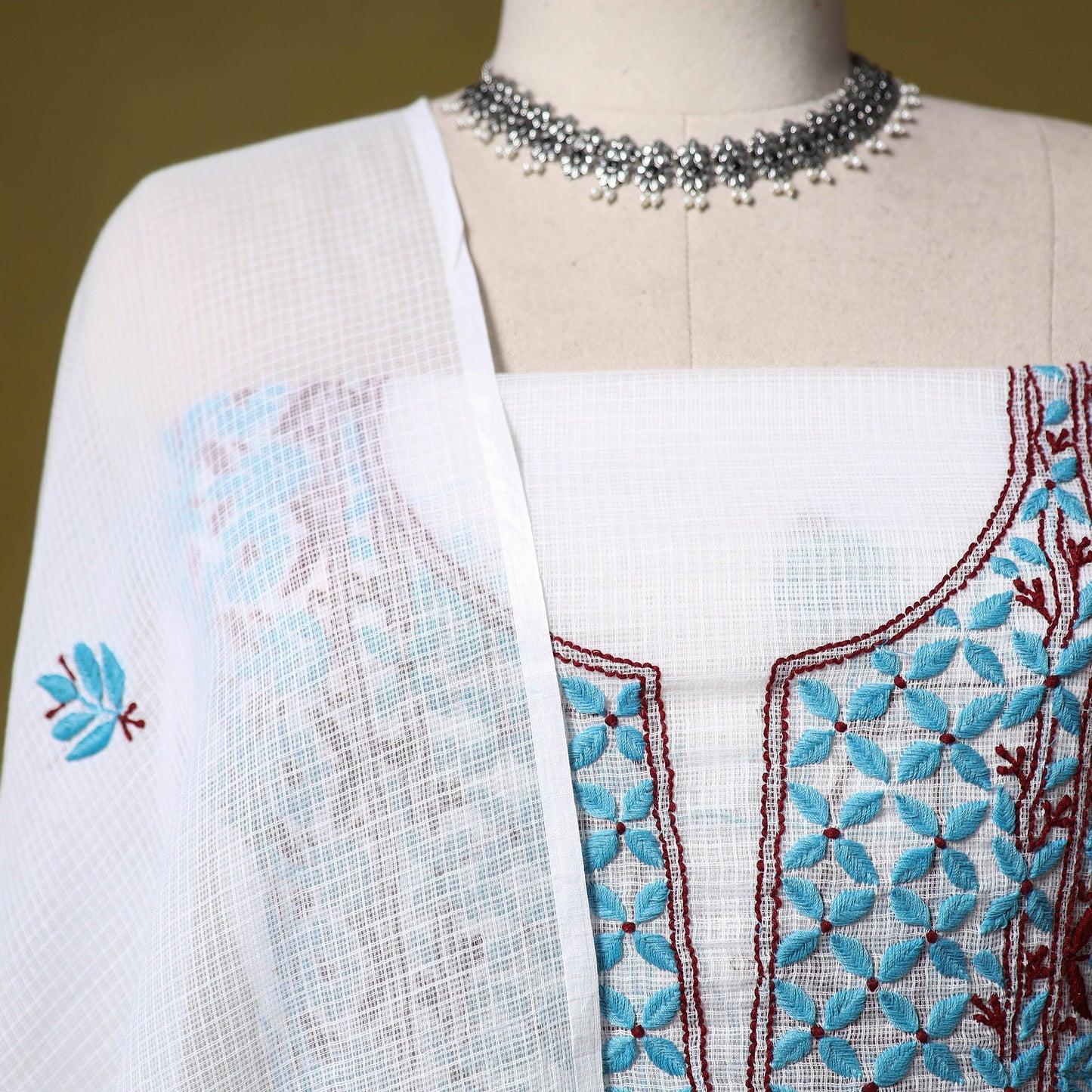 White - kota doria cotton lucknow chikankari 2pc unstitched