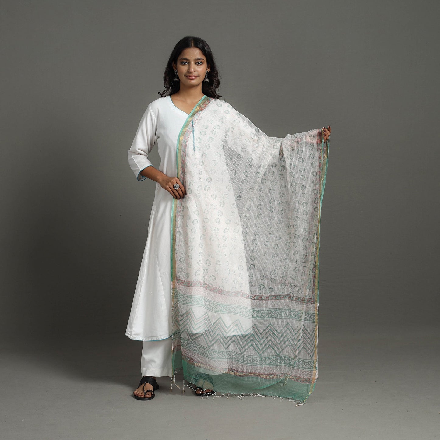White - kota doria cotton sanganeri dupatta 58 - handcrafted