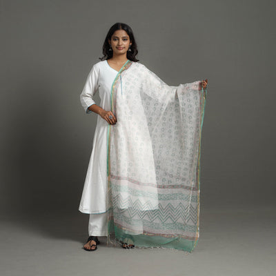 White - kota doria cotton sanganeri dupatta 58 - handcrafted