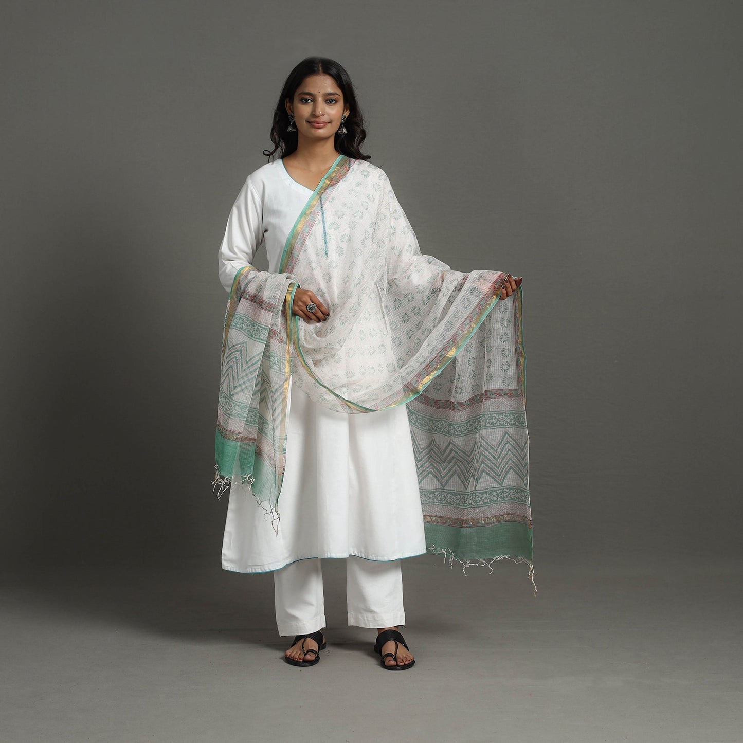 White - kota doria cotton sanganeri dupatta 58 - handcrafted