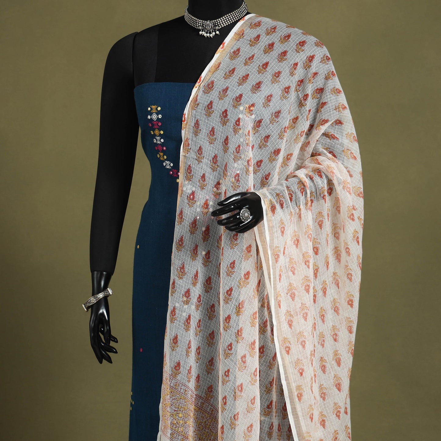 White - kota doria cotton sanganeri floral dupatta 29