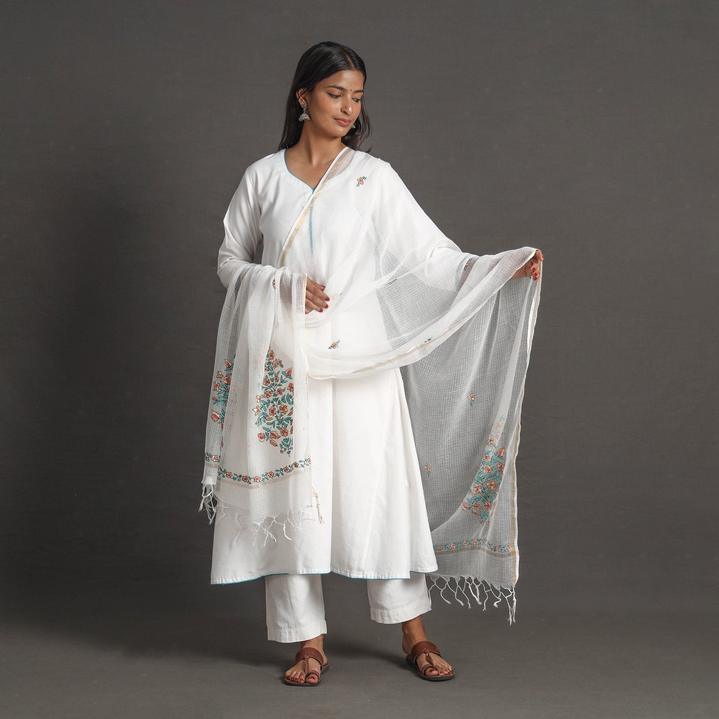 White - kota doria silk cotton kashida embroidery dupatta