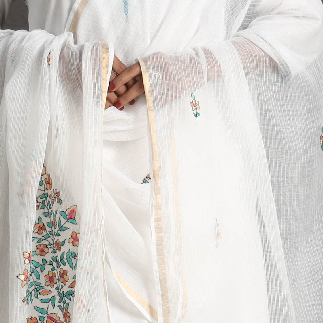 White - kota doria silk cotton kashida embroidery dupatta