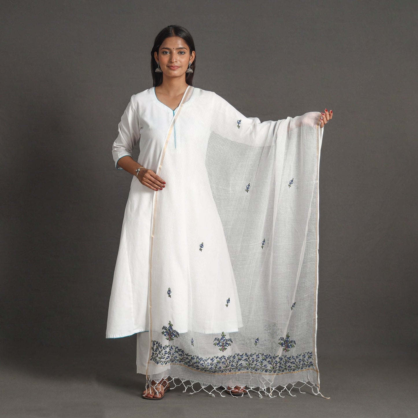 White - kota doria silk cotton kashida embroidery dupatta
