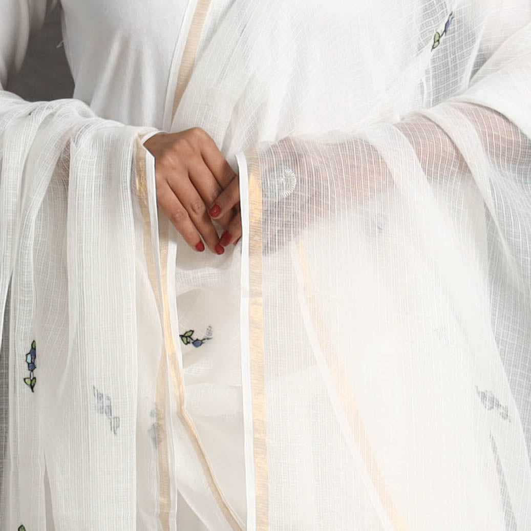 White - kota doria silk cotton kashida embroidery dupatta